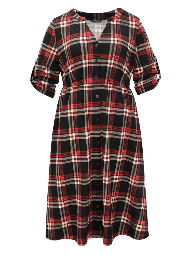 Plaid Notched Elastic Waist Tab Sleeve Dress