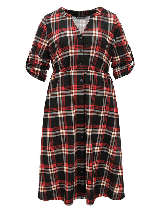 Plaid Notched Elastic Waist Tab Sleeve Dress