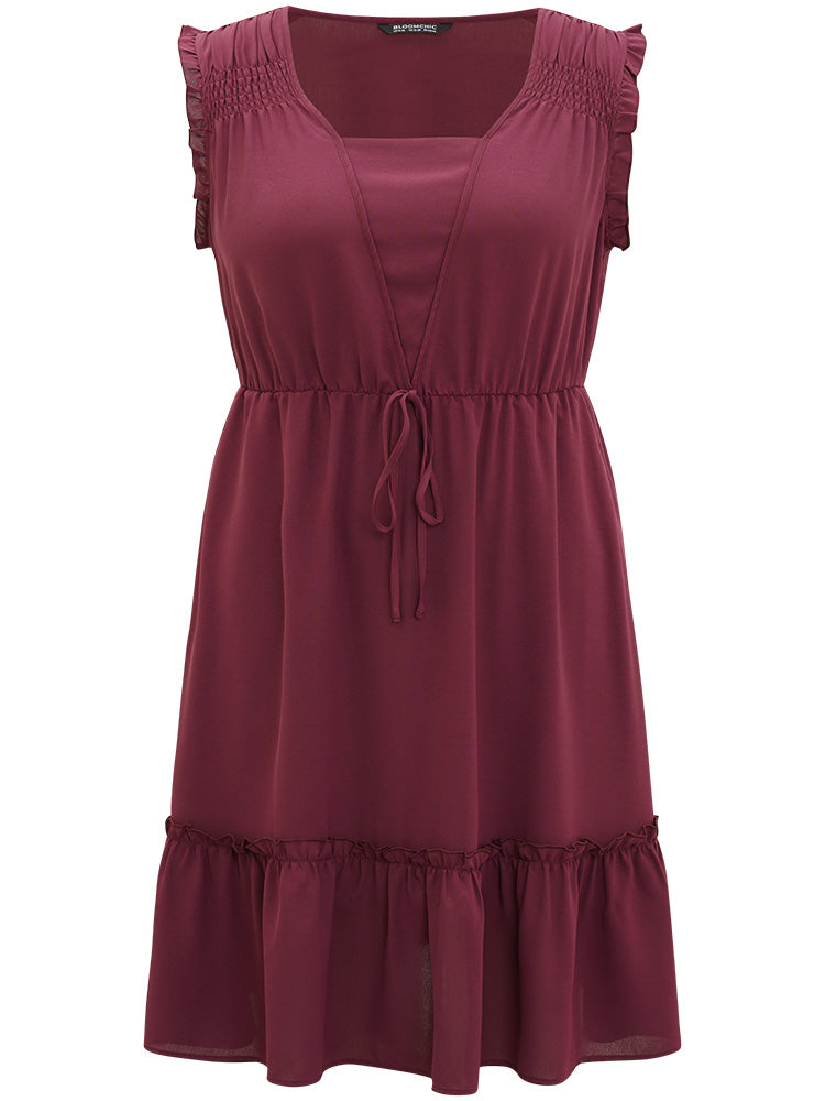 Plain Frill Trim Gathered Ties Square Neck Tank Dress