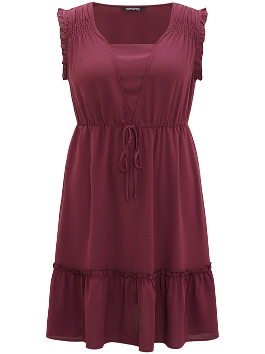 Plain Frill Trim Gathered Ties Square Neck Tank Dress