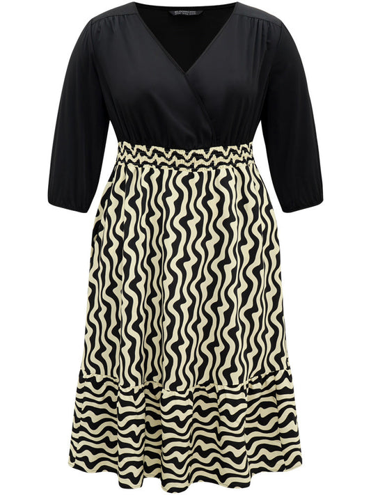 Geometric Twill Patchwork Shirred Elastic Waist Dress