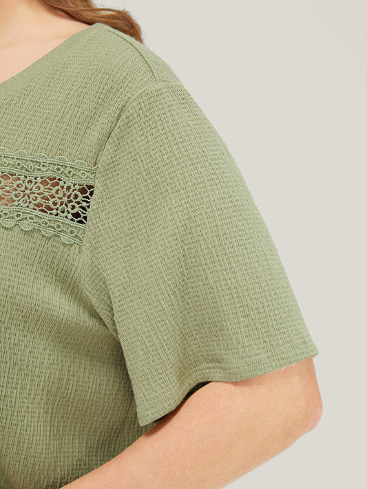 Plain Textured Contrast Lace Crew Neck T-shirt