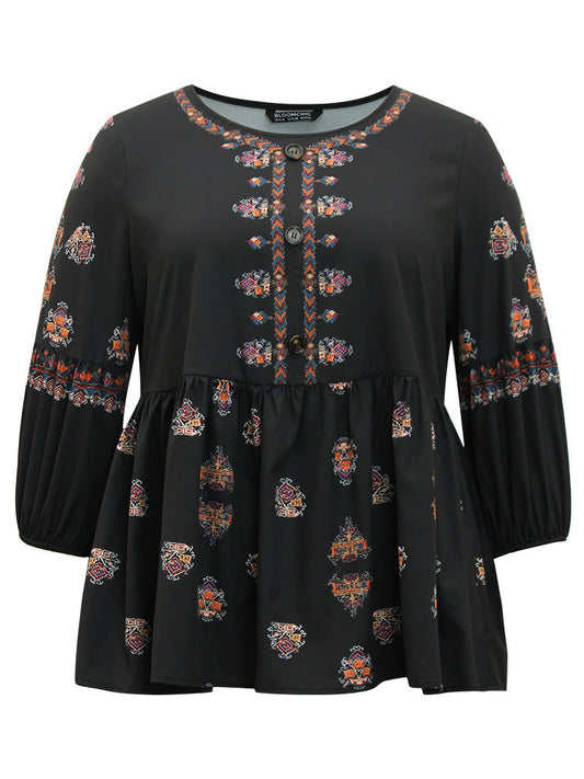 Boho Print Lantern Sleeve Button Detail Blouse