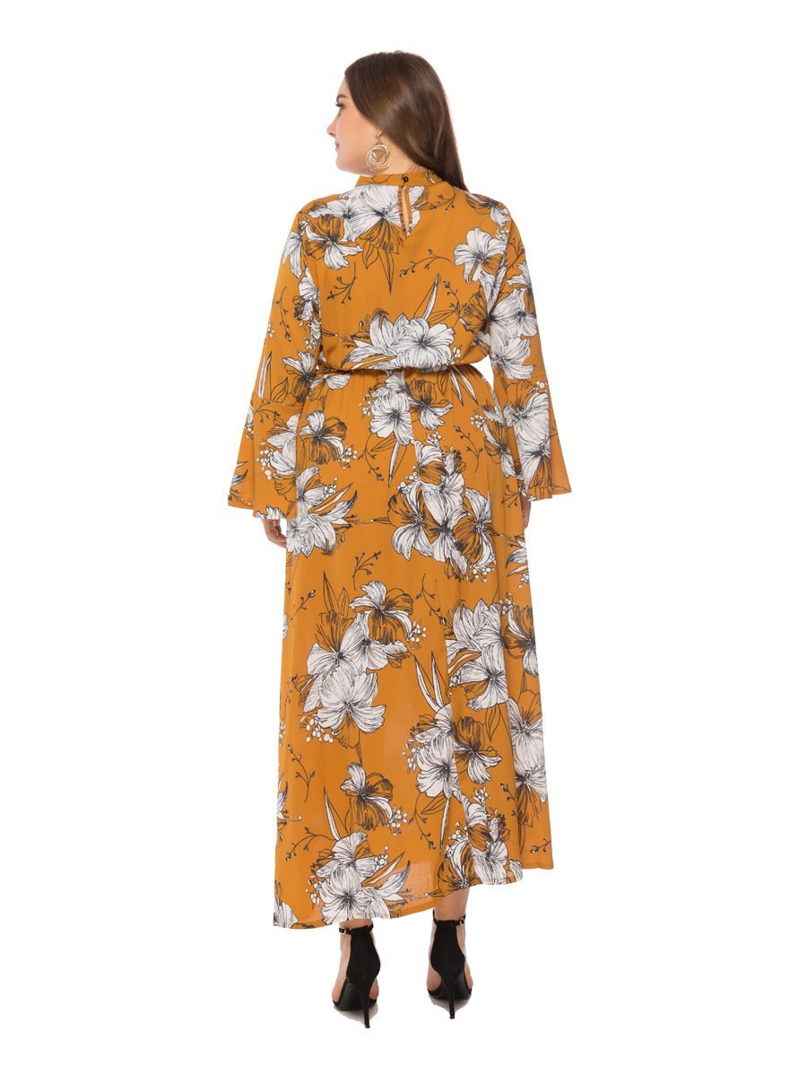 Floral Printed Hollow Out Flared Sleeve Maxi Dress