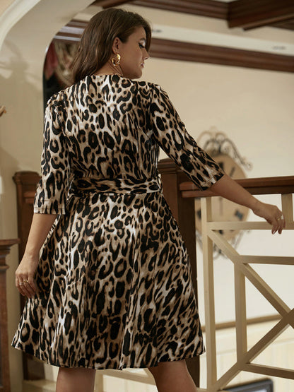 Leopard Half Zipper Belted Dress