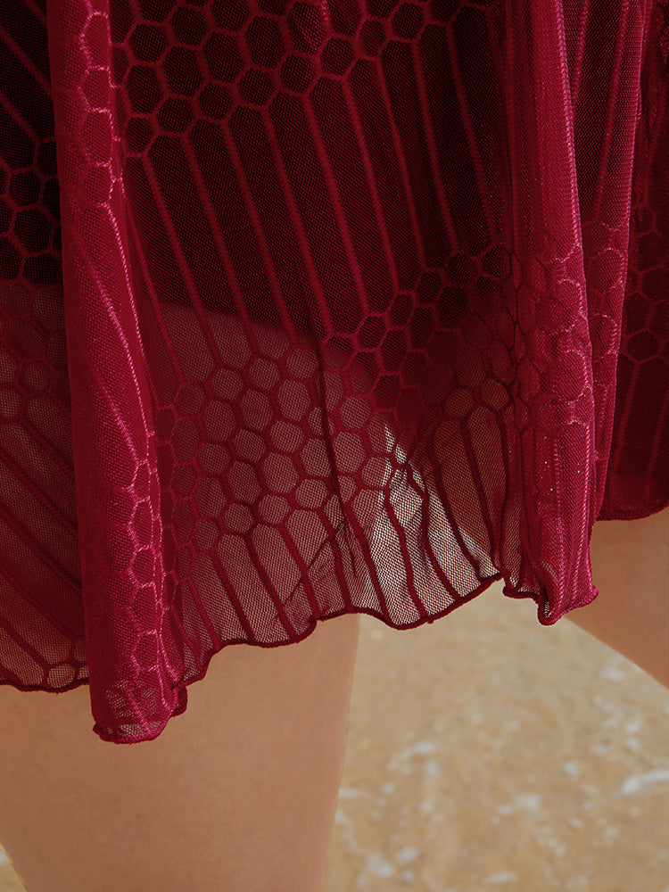 Solid Geometric Ruffles Mesh Hem Tankini Top