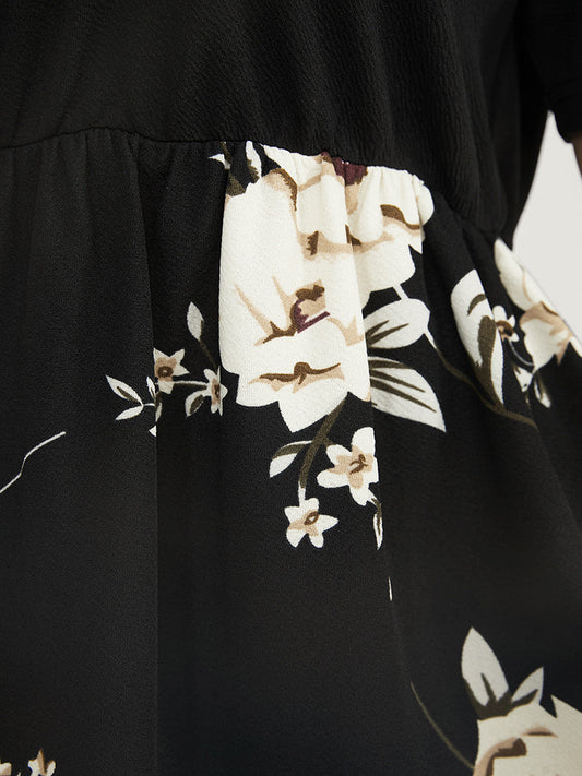 Floral Print Round Neck High Low Hem T-shirt