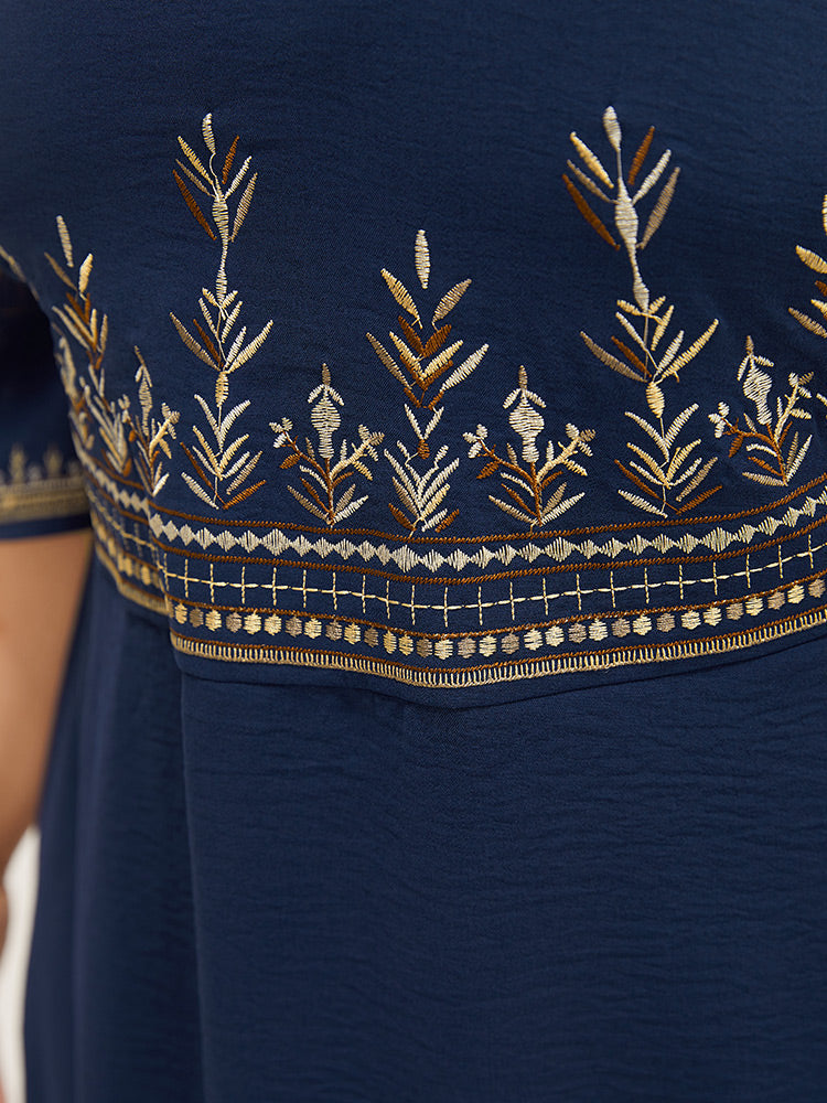 Plant Embroidered Pocket Ruffle Sleeve Knee Dress