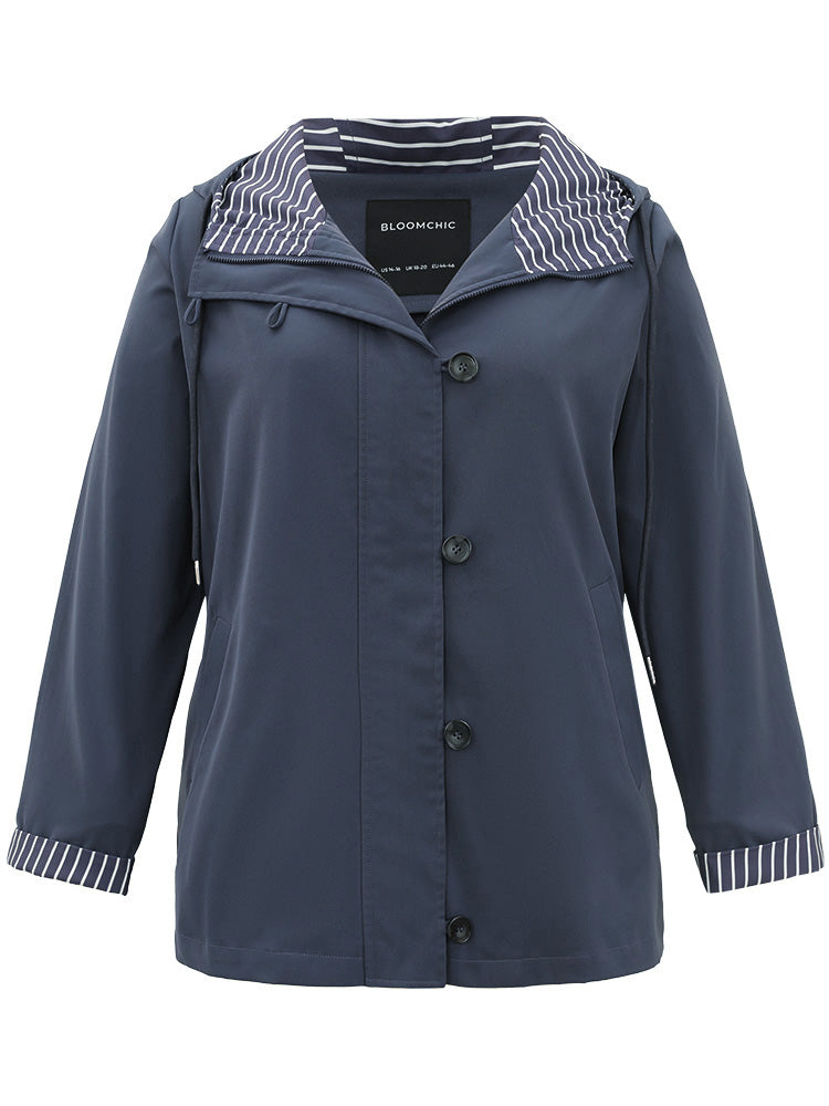 Striped Patchwork Zipper Pocket Drawstring Coat