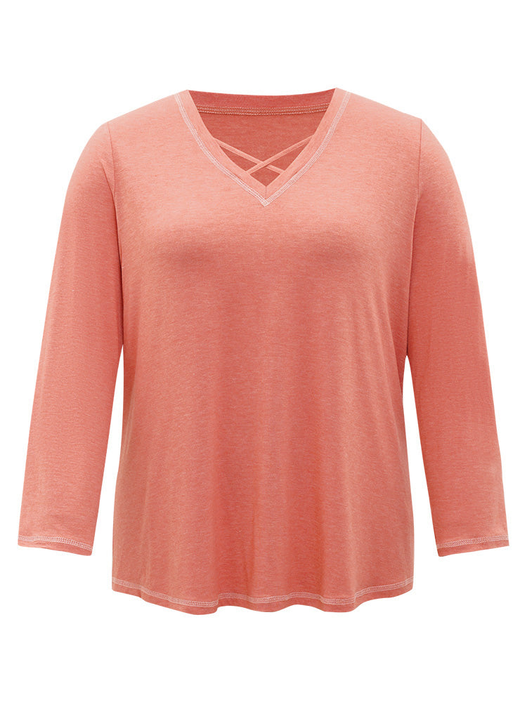 Plain Crisscross V Neck Contrast Trim T-shirt