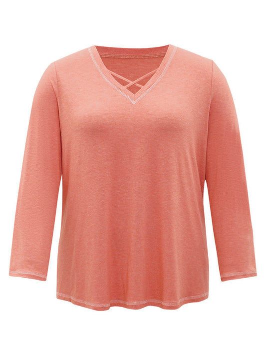 Plain Crisscross V Neck Contrast Trim T-shirt