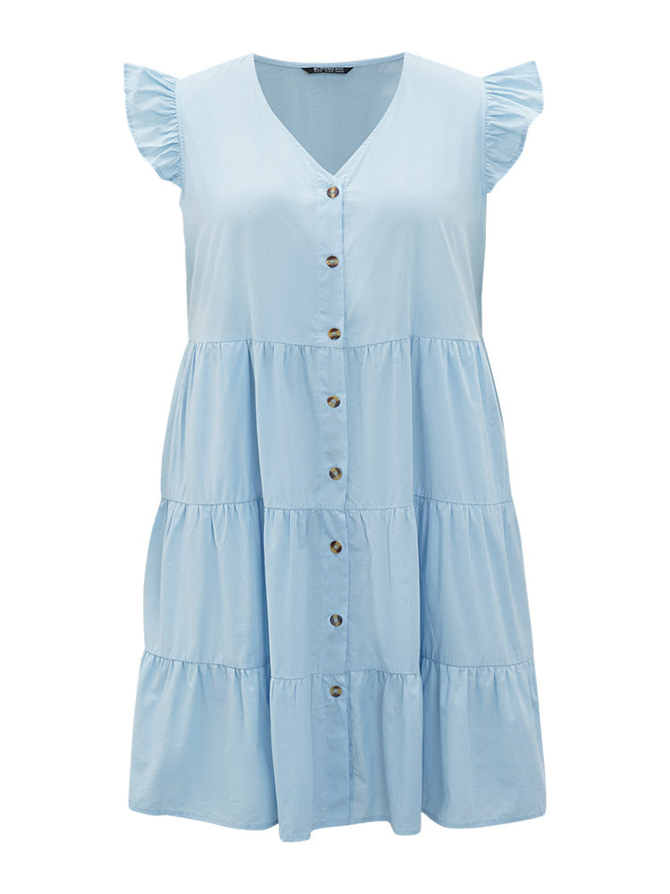 Plain Button Through Ruffle Layered Hem Cap Sleeve Dress
