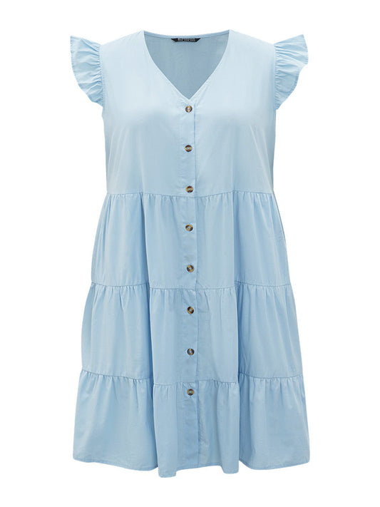 Plain Button Through Ruffle Layered Hem Cap Sleeve Dress