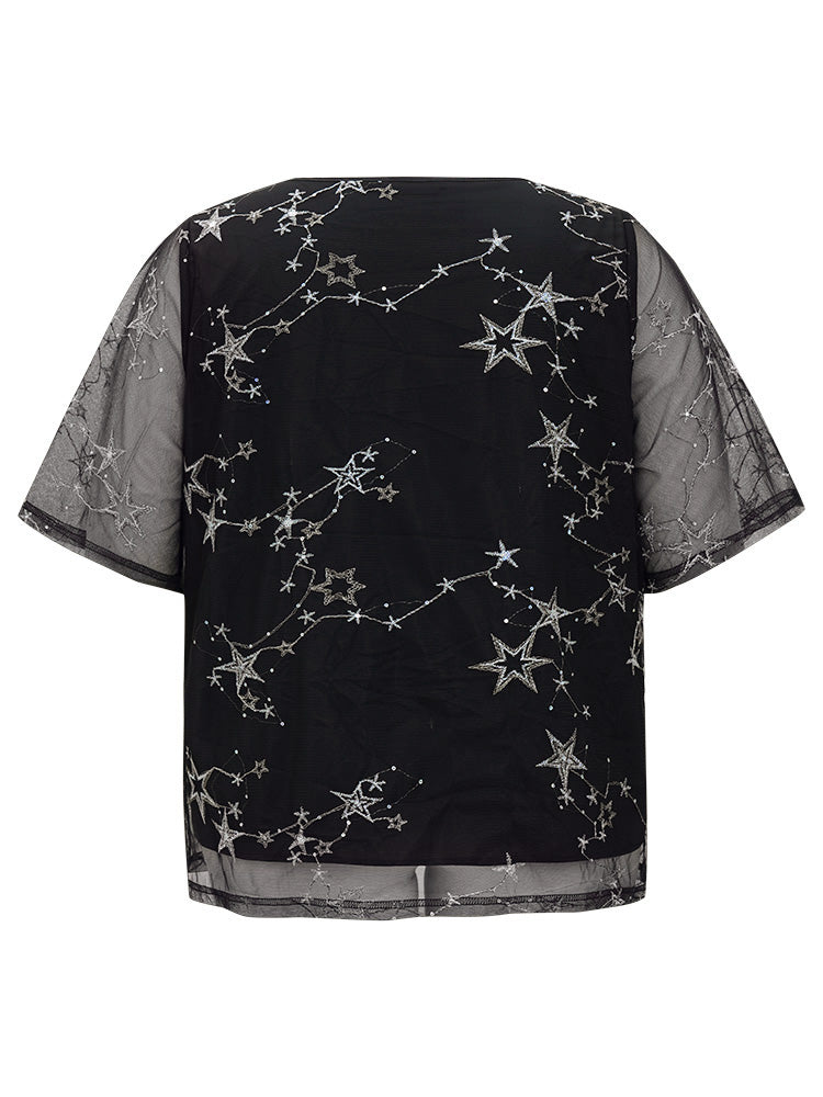 Star Embroidered Mesh Sleeve Blouse