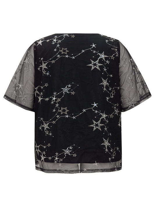 Star Embroidered Mesh Sleeve Blouse