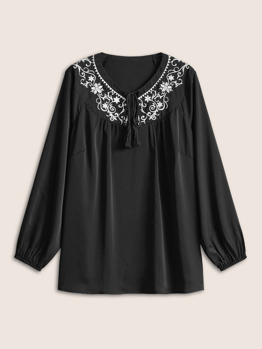 Boho Print Tie Neck Tassels Lantern Sleeve Blouse