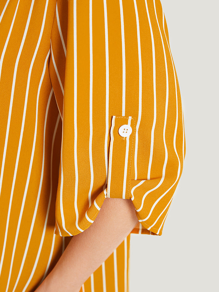 Striped Print Cuffed Sleeve Half Zipper Blouse