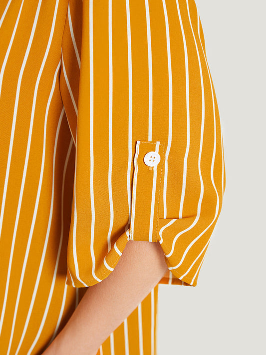 Striped Print Cuffed Sleeve Half Zipper Blouse