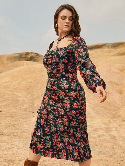 Square Neck Ditsy Floral Split  Dress