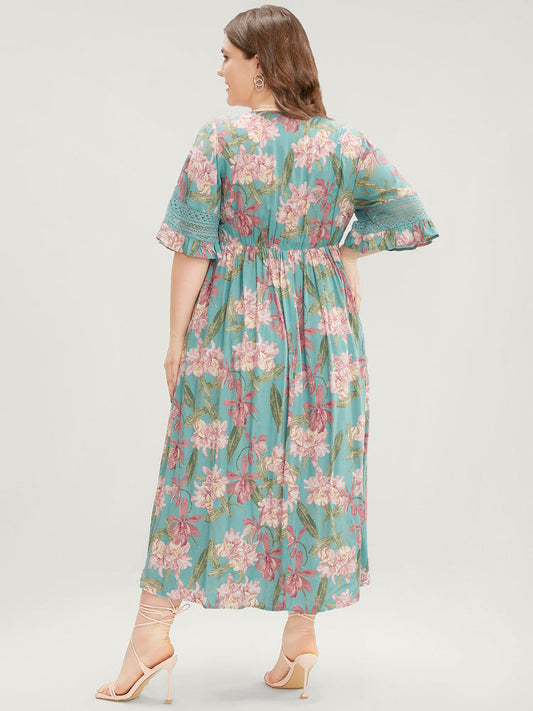 Floral Print Wrap Contrast Lace Pocket Ties Up Ruffles Dress