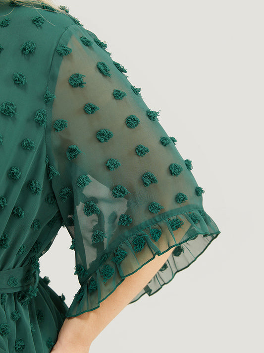 Polka Dot Wrap Belted Pocket Mesh Sleeve Ruffle Trim Dress