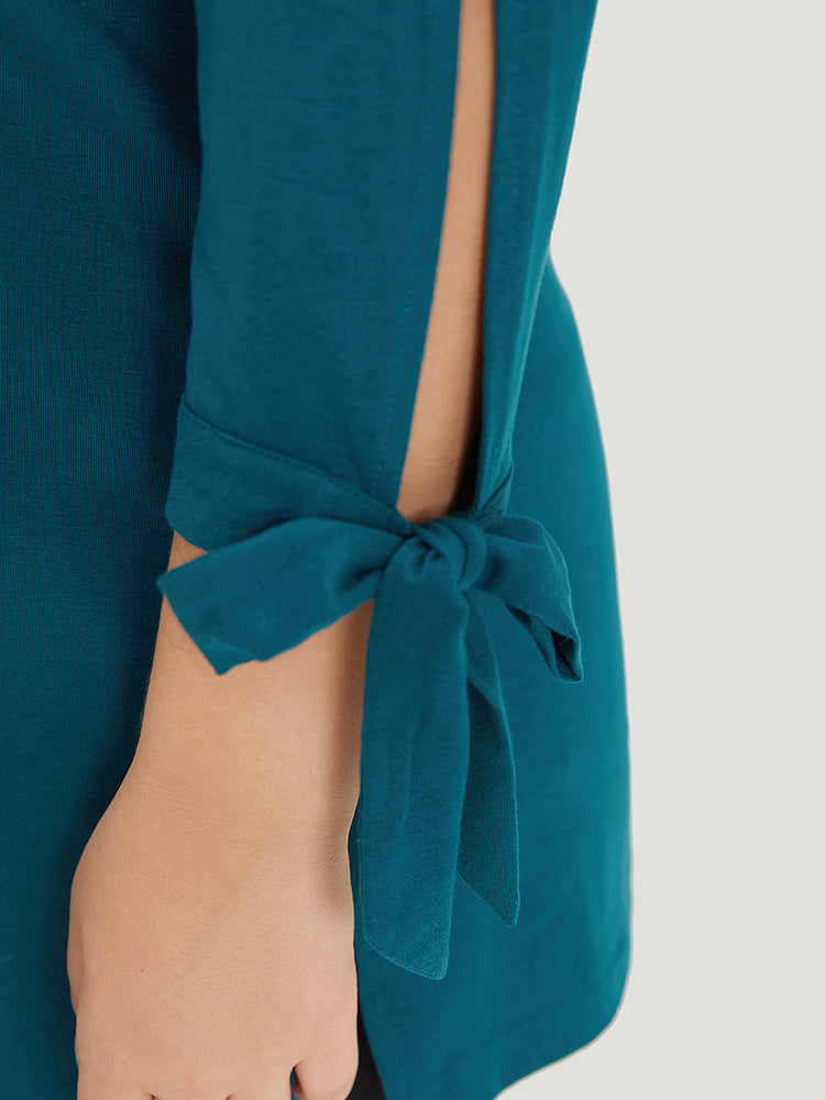 Plain Crew Neck Cut Out Bowknot T-shirt