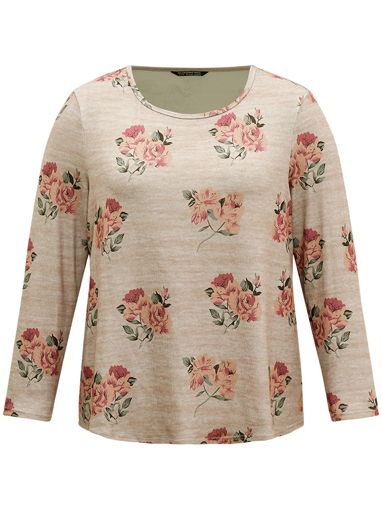 Floral Print Crew Neck Heather T-shirt
