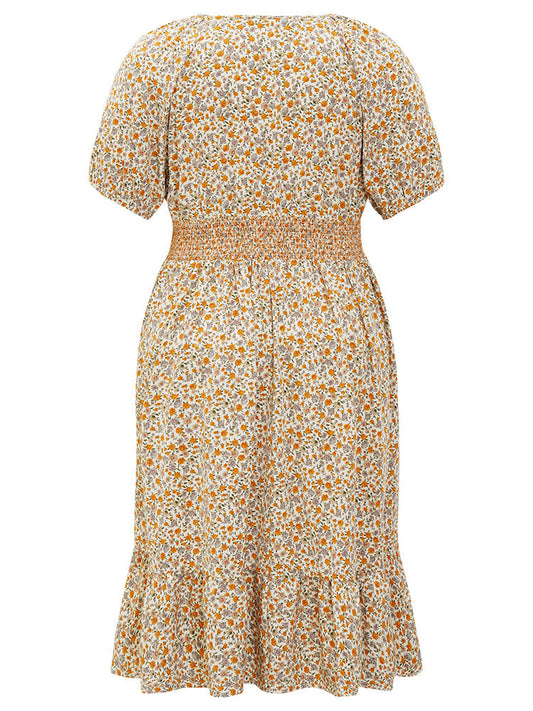 Ditsy Floral Pocket Puff Sleeve Shirred Ruffle Trim Dress