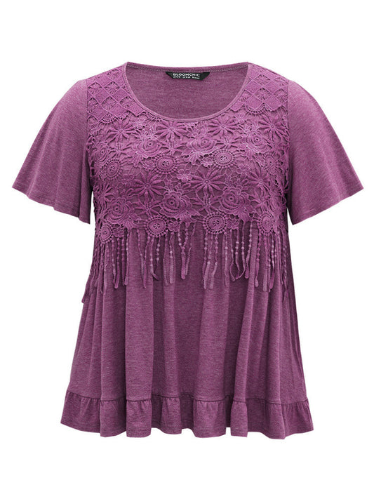 Patchwork Lace Ruffles Tassel Trim T-shirt