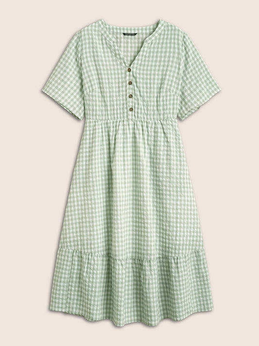 Gingham Notched  Elastic Waist Flutter Sleeve Dress