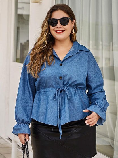 Denim Drawstring Waist Lapel Shirt