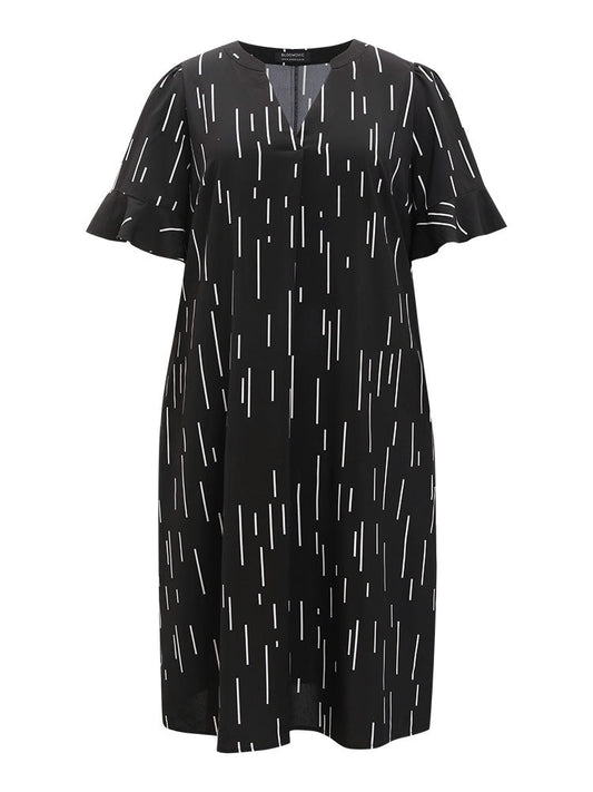 Line Print Notched Bell Sleeve Ruffle Hem Dress
