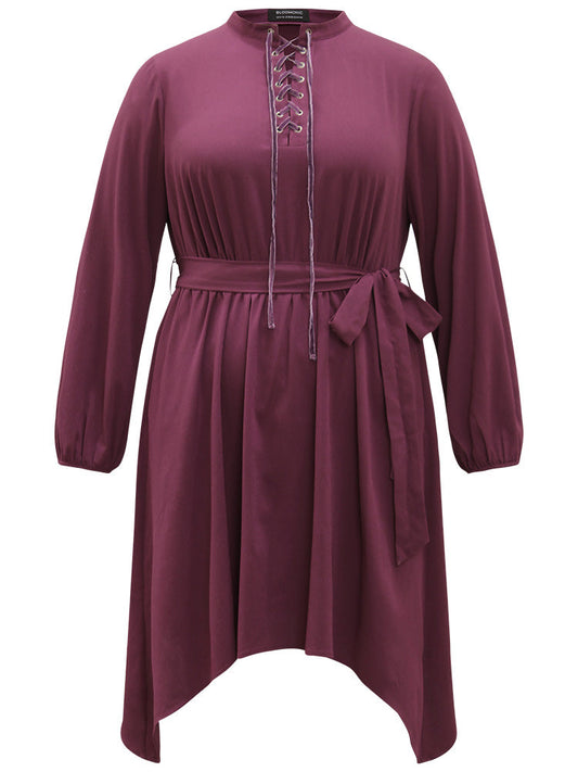 Halloween Plain Lantern Sleeve Belted Lace Up Asymmetrical Hem Dress