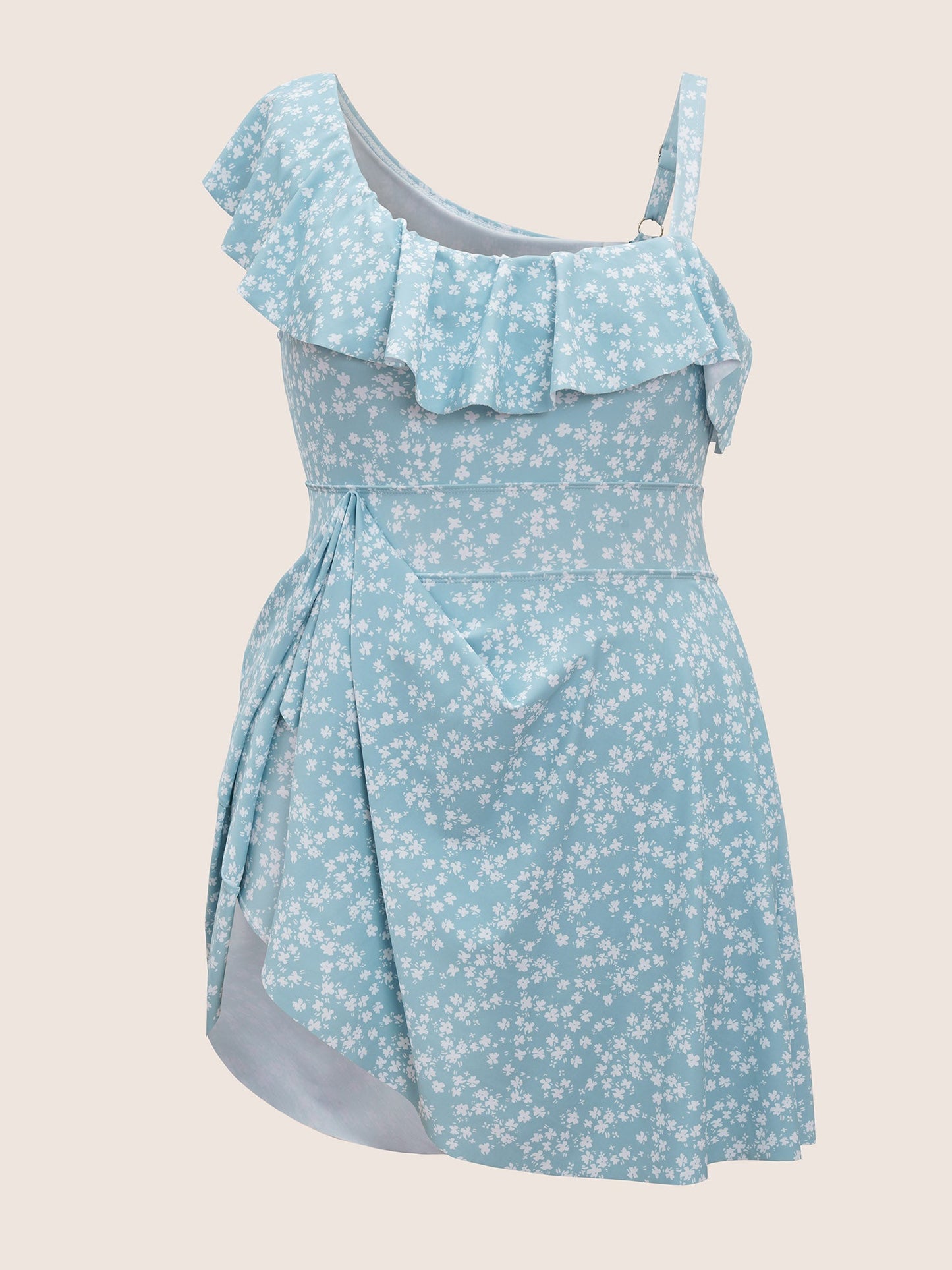 Ditsy Floral Asymmetrical Neck Ruffles Swim Dress