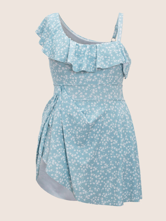 Ditsy Floral Asymmetrical Neck Ruffles Swim Dress