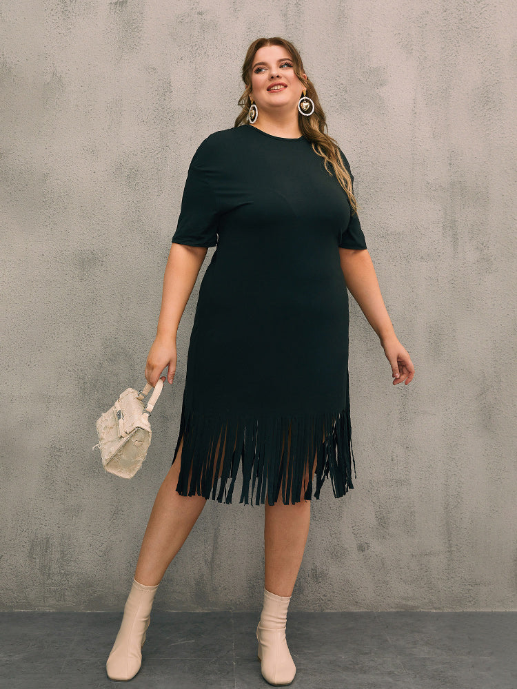 Round Neck Tassels Hem Dress