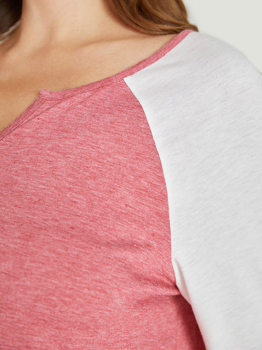 Colorblock Contrast Curved Hem Notched Raglan Sleeve T-shirt