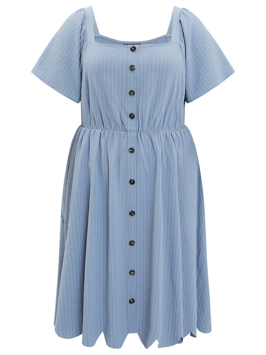 Plain Textured Ruffle Sleeve Pocket Scalloped Trim Dress