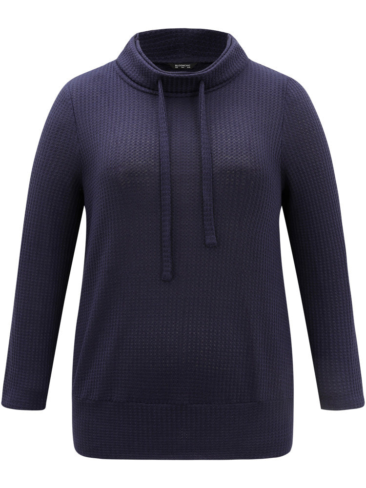 Solid Funnel Neck Waffle Knit Drawstring T-shirt