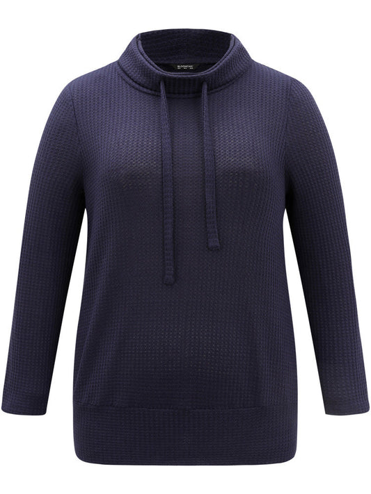 Solid Funnel Neck Waffle Knit Drawstring T-shirt