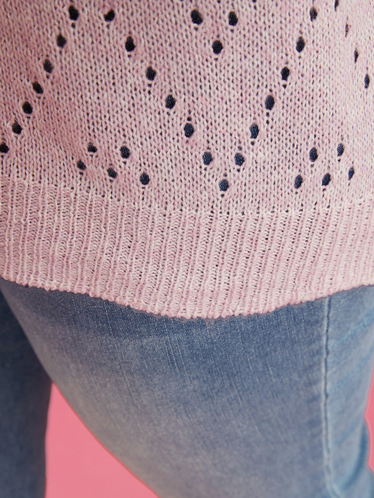 Solid Pointelle Knit Round Neck Geometric Eyelet Heather Knit Top