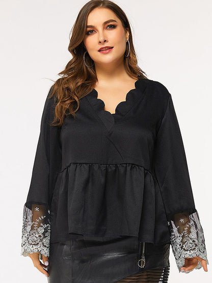 Petal Collar Lace Cuff Raffle Hem Blouse