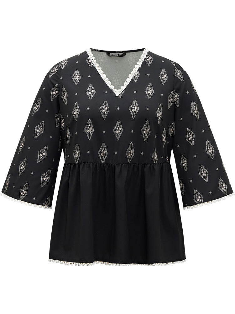 Boho Print Guipure Lace V Neck Bell Sleeve Blouse
