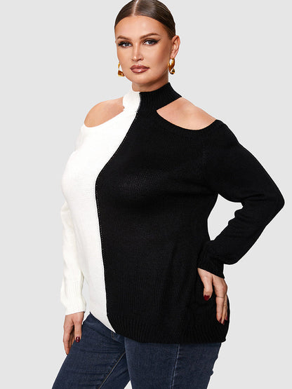Colorblock Cut Out Shoulder Sweater