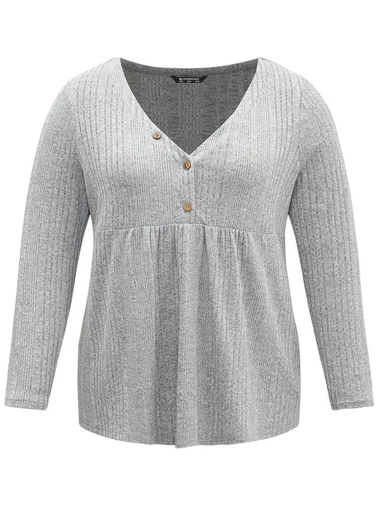 V Neck Texture Button Up Rib Knit T-shirt