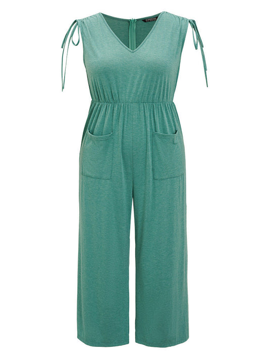 Plain Patched Pocket Zipper Drawstring Shoulder Jumpsuit
