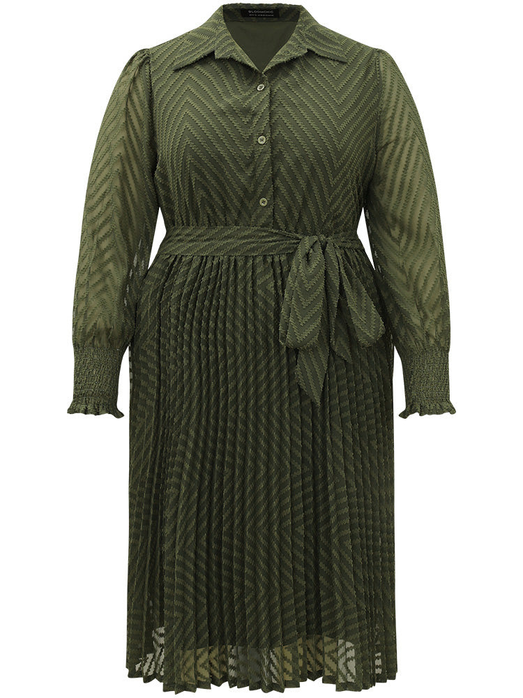 Shirred Belted Pocket Shirt Collar Button Through Dress