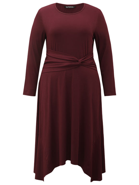 Solid Rib Knit Crew Neck Twist Front Dress