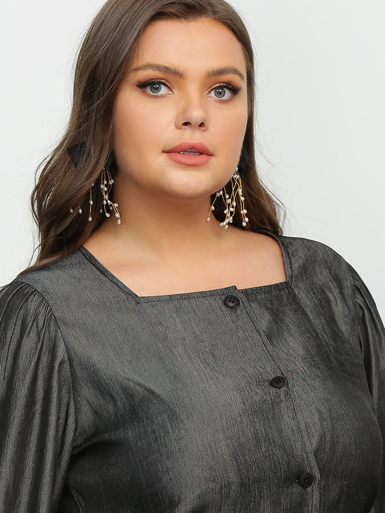 Button Puff Sleeve Square Neck Blouse