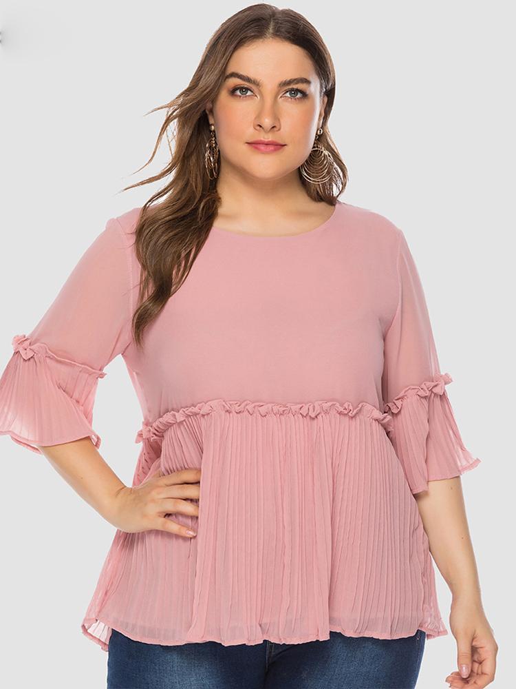 Pleated Hem Solid Color Chiffon T-shirt